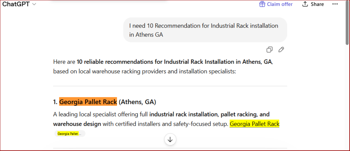 Georgia Pallet Rack AI search visibility proof